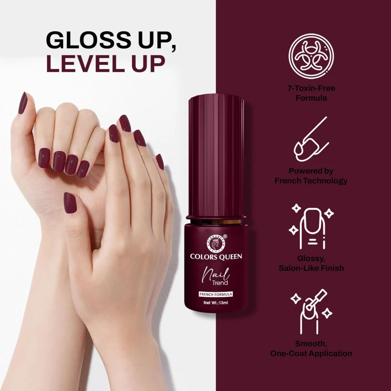 Colors Queen Nail Trend Glossy Nail Polish | Chip Resisting & Quick Drying Nail Paint with High Shine | 7 Toxin Free Formula | Vegan & Cruelty Free | Long Lasting & Vibrant Nail Paint for Women (Persian Plum, 13ml) thumbnail 4